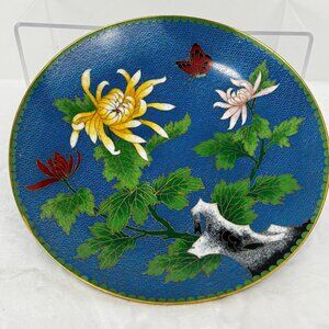 Vintage Japanese Cloisonne Jingfa Floral Enamel 9" Round Plate Turquoise Golden